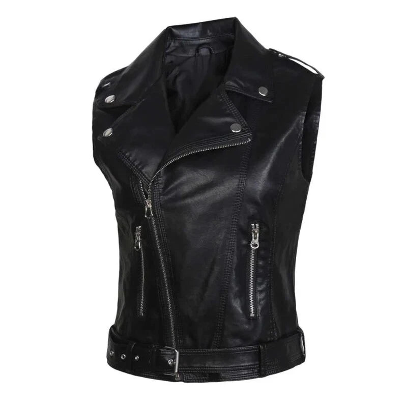 Women's Black Original Leather Moto Vest Coat - Premium Biker-Style Waistcoat with Belt