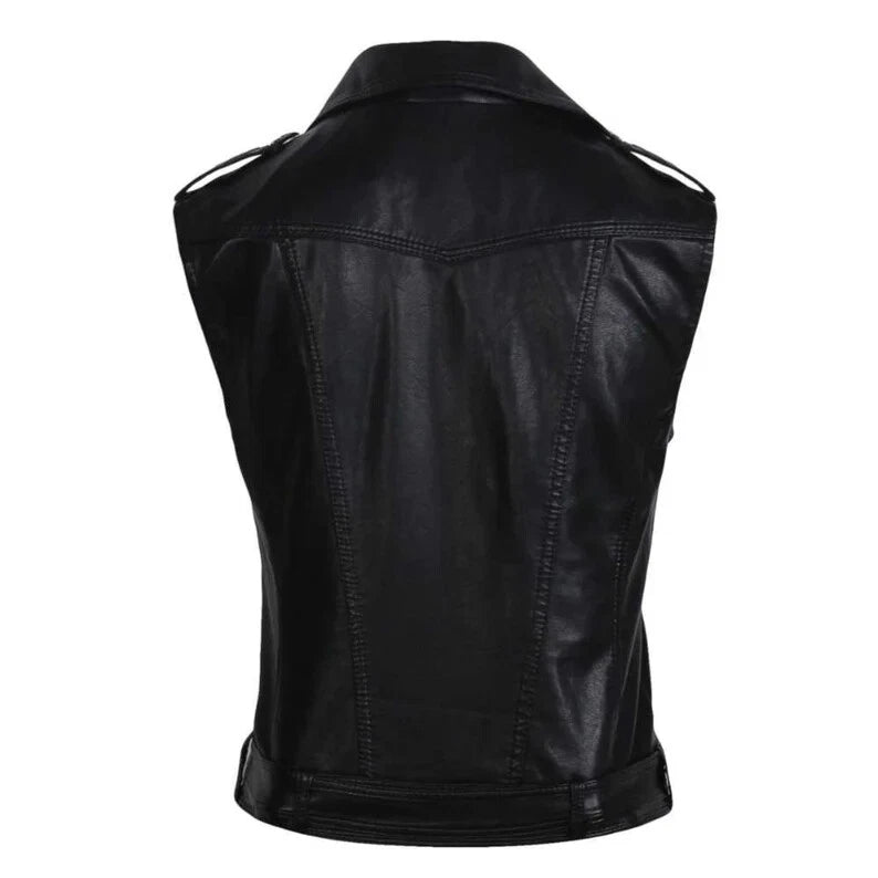 Women's Black Original Leather Moto Vest Coat - Premium Biker-Style Waistcoat with Belt