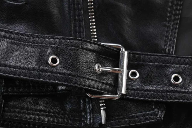 Women's Black Original Leather Moto Vest Coat - Premium Biker-Style Waistcoat with Belt