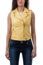 Women's Yellow Original Leather Moto Vest Coat - Premium Biker-Style Waistcoat