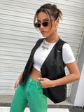 Women's Black Original Leather Vest Coat - Premium Minimalist Open-Front Waistcoat