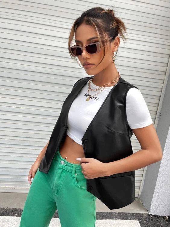 Women's Black Original Leather Vest Coat - Premium Minimalist Open-Front Waistcoat