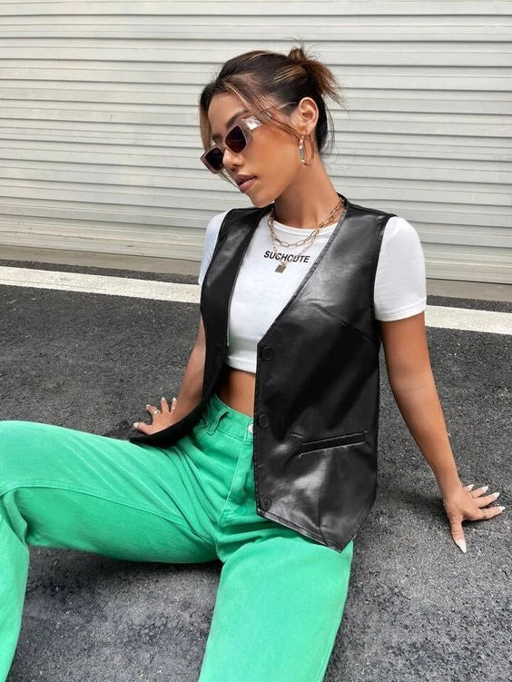 Women's Black Original Leather Vest Coat - Premium Minimalist Open-Front Waistcoat