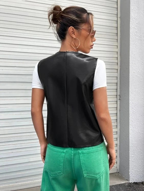 Women's Black Original Leather Vest Coat - Premium Minimalist Open-Front Waistcoat