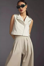 Women's White Original Leather Moto Vest Coat - Premium Cropped Biker-Style Waistcoat