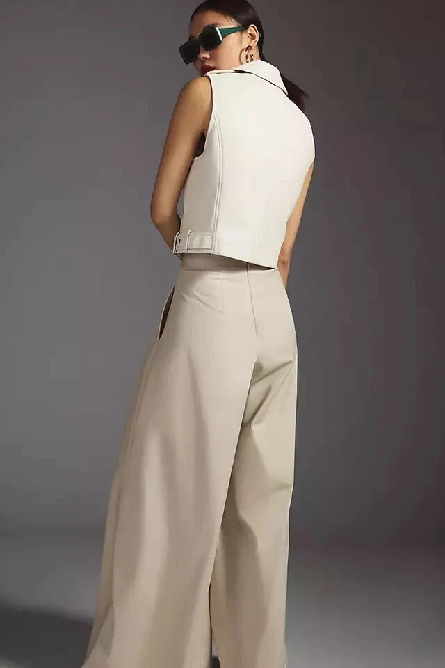 Women's White Original Leather Moto Vest Coat - Premium Cropped Biker-Style Waistcoat