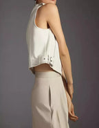 Women's White Original Leather Moto Vest Coat - Premium Cropped Biker-Style Waistcoat