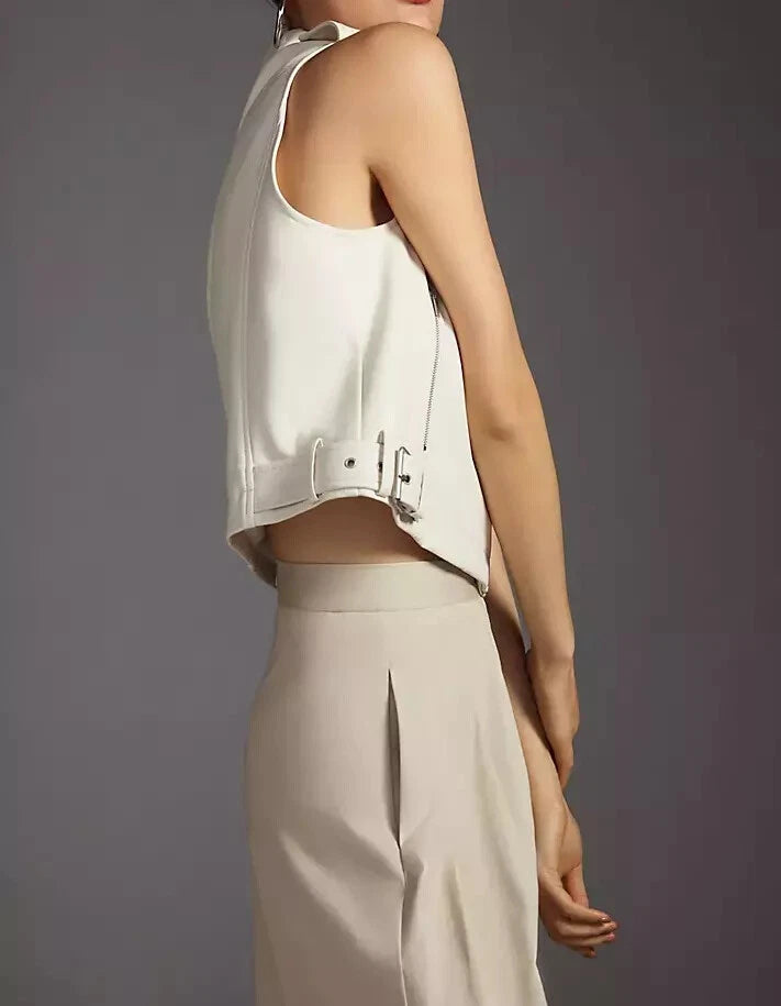 Women's White Original Leather Moto Vest Coat - Premium Cropped Biker-Style Waistcoat