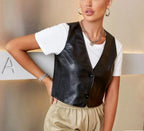 Women's Black Original Leather Vest Coat - Premium Ultra-Minimalist Sleeveless Waistcoat