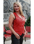 Women's Red Original Leather Vest Coat - Premium Side-Laced Waistcoat with Gold Buttons