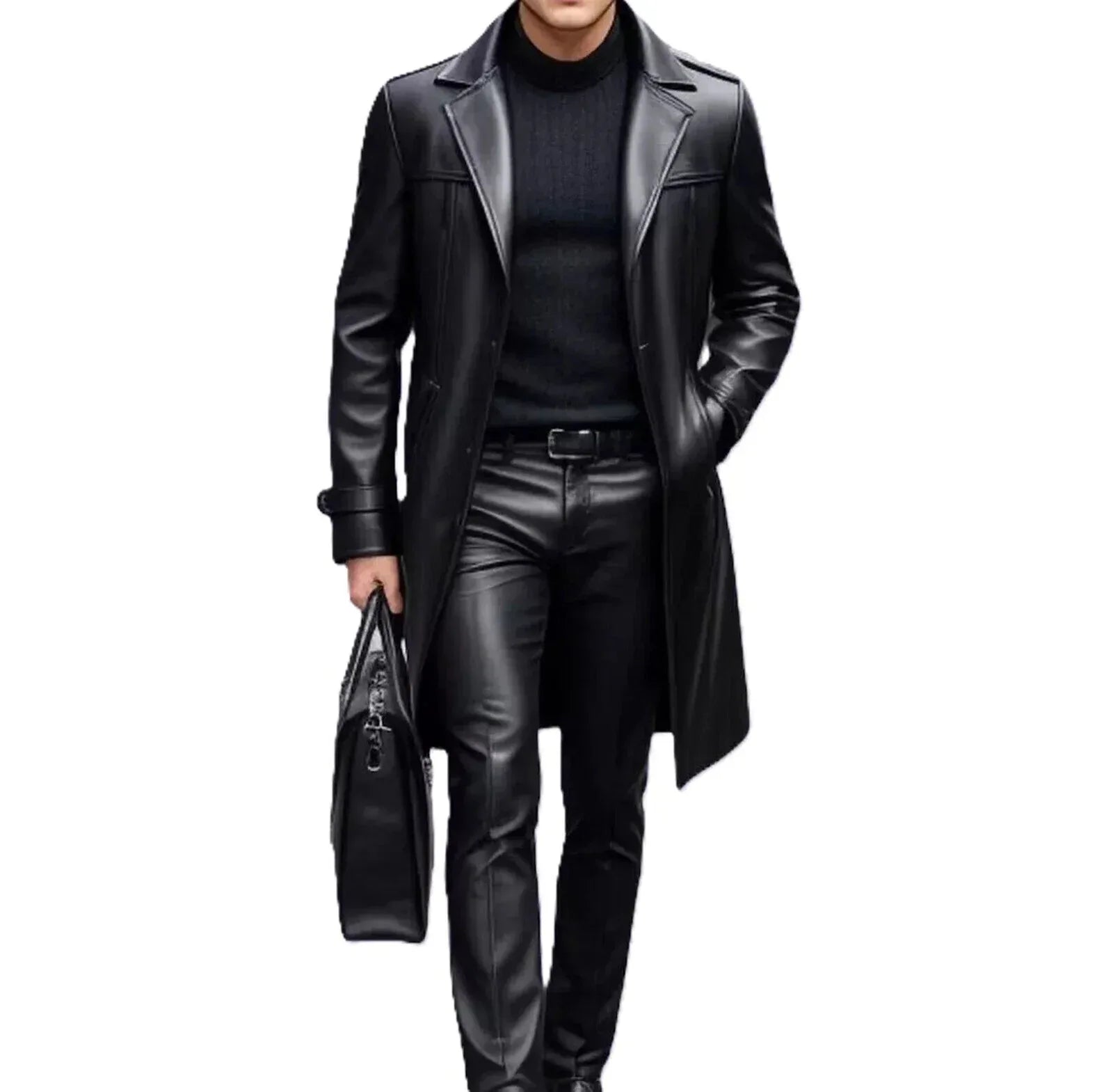 Men's Premium Full-Grain Original Leather Trench Coat - Handcrafted Long Black Leather Coat