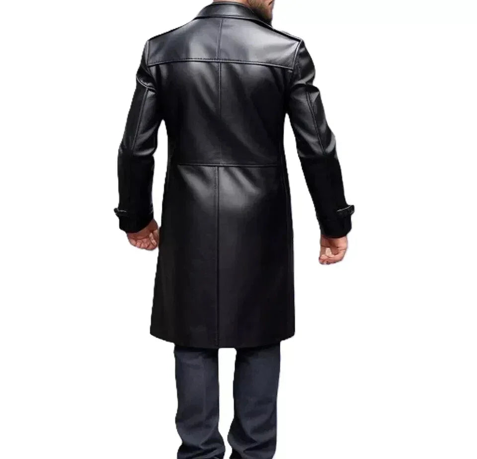 Men's Premium Full-Grain Original Leather Trench Coat - Handcrafted Long Black Leather Coat