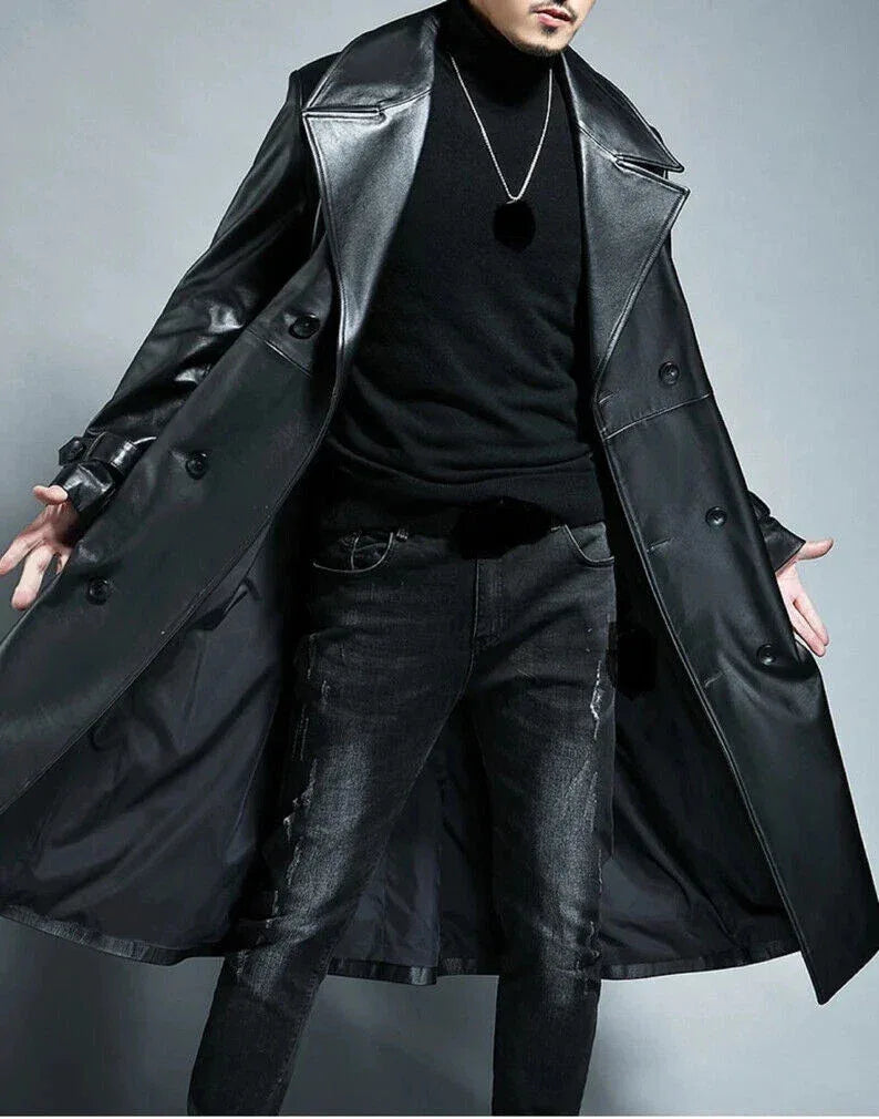 Men's Double-Breasted Full-Grain Original Leather Trench Coat - Classic Black Long Leather Coat