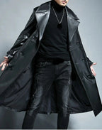 Men's Double-Breasted Full-Grain Original Leather Trench Coat - Classic Black Long Leather Coat
