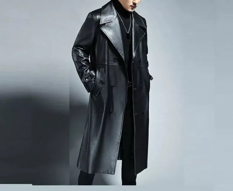 Men's Double-Breasted Full-Grain Original Leather Trench Coat - Classic Black Long Leather Coat