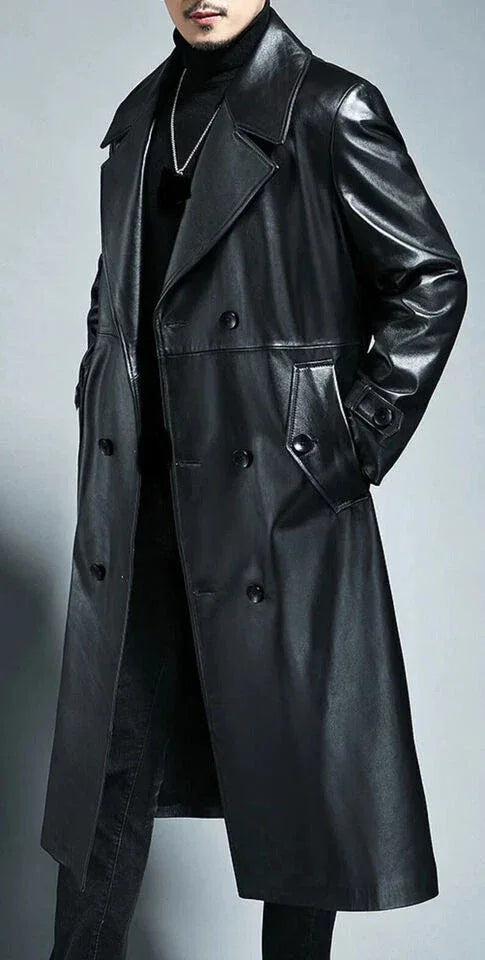Men's Double-Breasted Full-Grain Original Leather Trench Coat - Classic Black Long Leather Coat