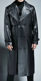 Men's Double-Breasted Full-Grain Original Leather Trench Coat - Classic Black Long Leather Coat