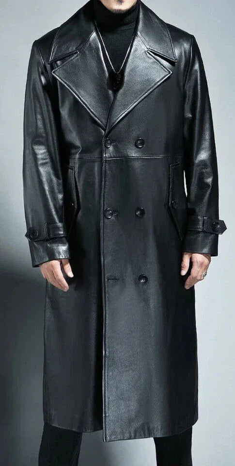 Men's Double-Breasted Full-Grain Original Leather Trench Coat - Classic Black Long Leather Coat