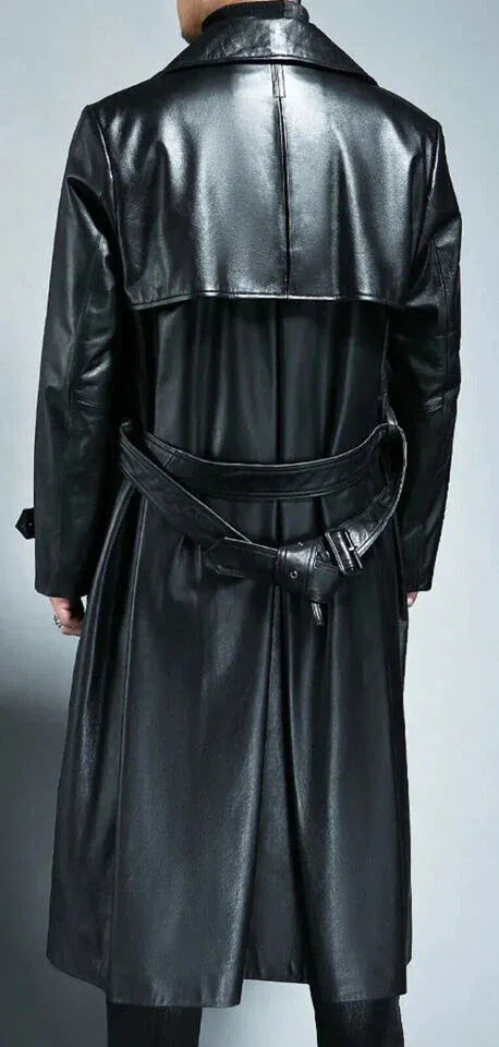 Men's Double-Breasted Full-Grain Original Leather Trench Coat - Classic Black Long Leather Coat