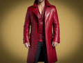 Men's Red Full-Grain Original Leather Trench Coat - Premium Long Leather Coat with Belt