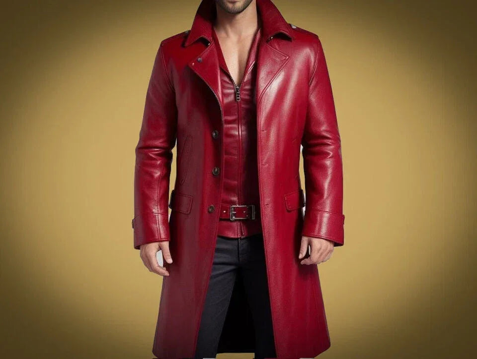 Men's Red Full-Grain Original Leather Trench Coat - Premium Long Leather Coat with Belt