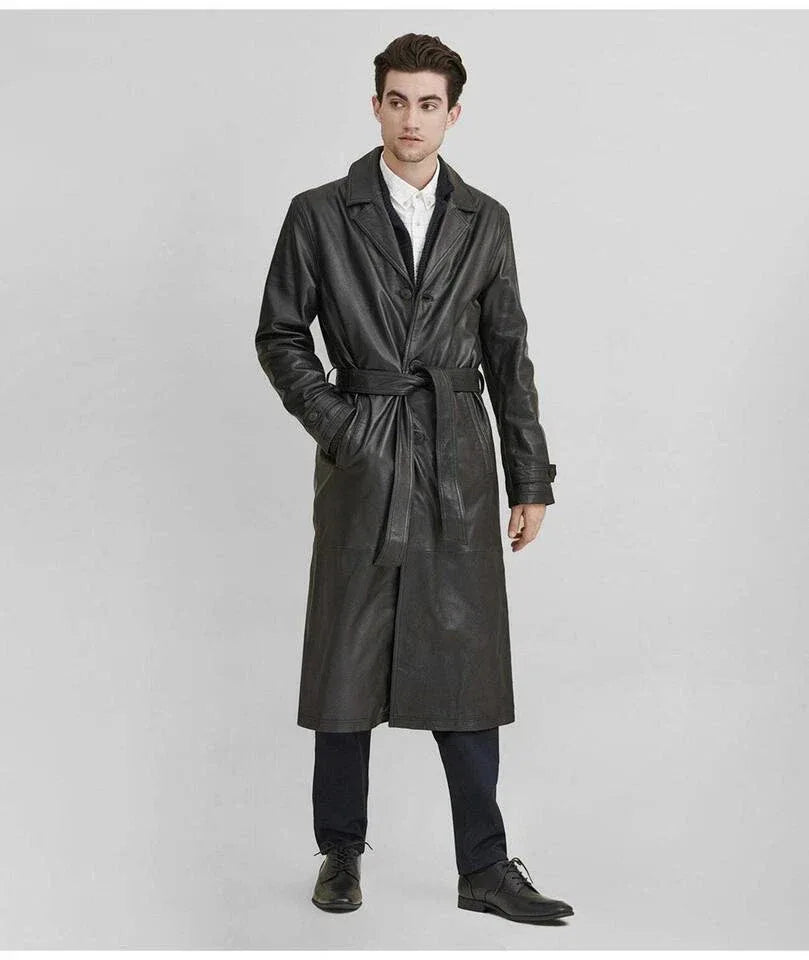 Men's Belted Full-Grain Original Leather Trench Coat - Classic Black Long Leather Coat