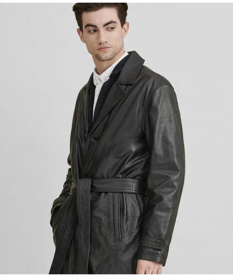 Men's Belted Full-Grain Original Leather Trench Coat - Classic Black Long Leather Coat