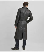 Men's Belted Full-Grain Original Leather Trench Coat - Classic Black Long Leather Coat