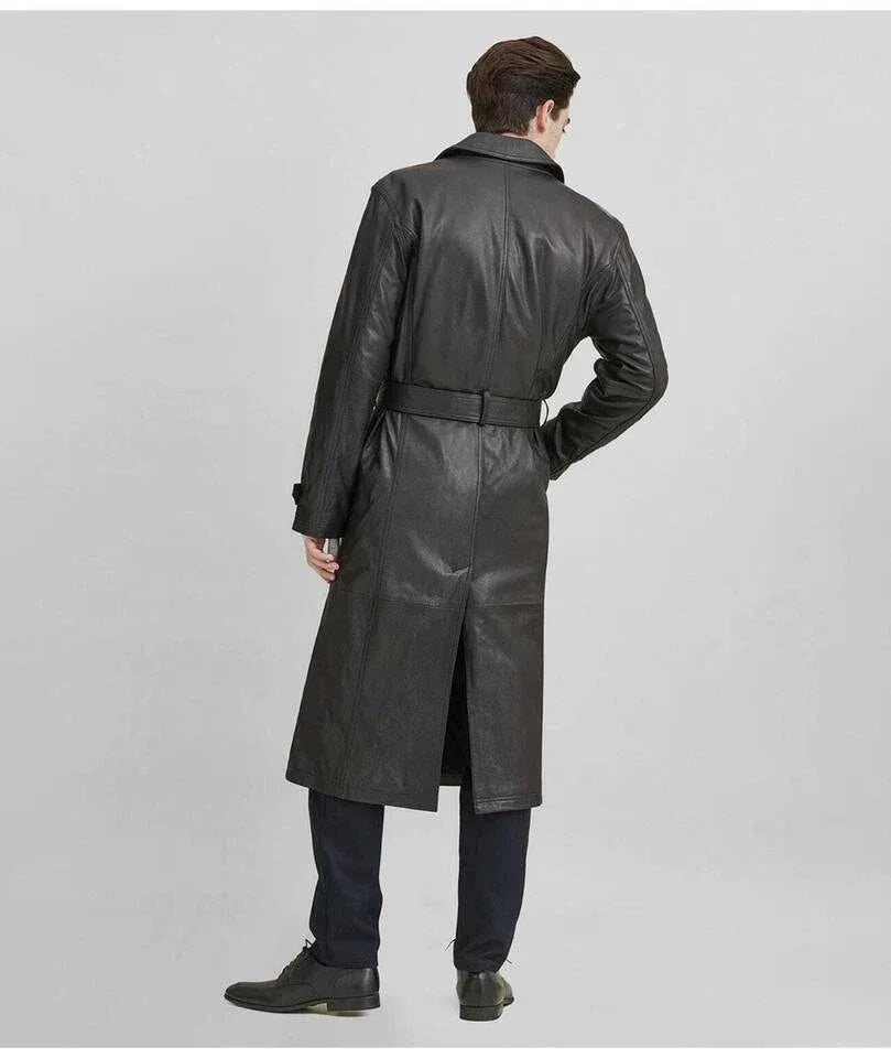 Men's Belted Full-Grain Original Leather Trench Coat - Classic Black Long Leather Coat
