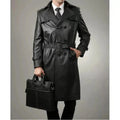Men's Military Double-Breasted Full-Grain Original Leather Trench Coat - Premium Black Long Coat with Belt