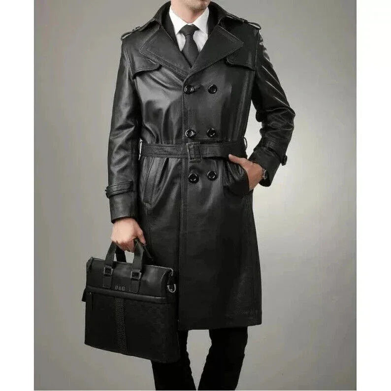 Men's Military Double-Breasted Full-Grain Original Leather Trench Coat - Premium Black Long Coat with Belt