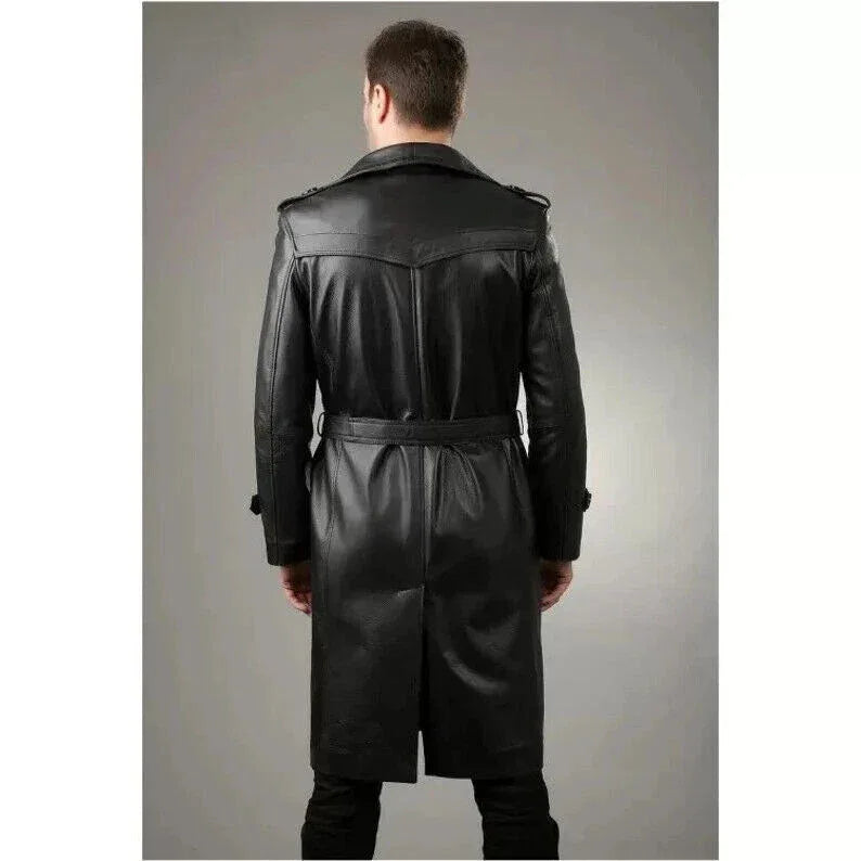 Men's Military Double-Breasted Full-Grain Original Leather Trench Coat - Premium Black Long Coat with Belt