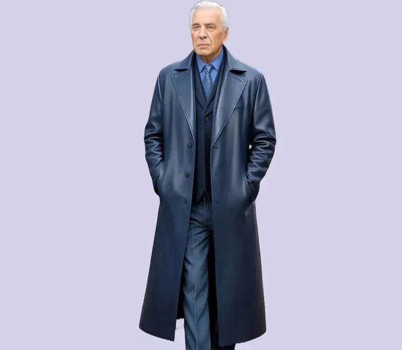 Men's Navy Blue Original Full-Grain Leather Trench Coat - Premium Double-Breasted Long Leather Coat