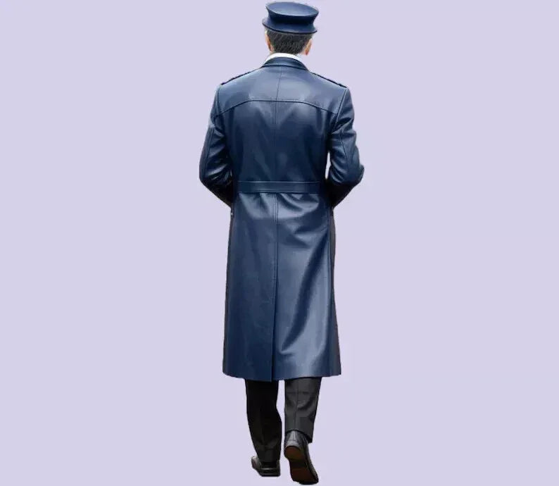 Men's Navy Blue Original Full-Grain Leather Trench Coat - Premium Double-Breasted Long Leather Coat