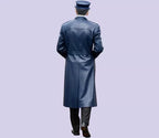 Men's Navy Blue Original Full-Grain Leather Trench Coat - Premium Double-Breasted Long Leather Coat