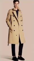 Men's Tan Beige Full-Grain Original Leather Trench Coat - Classic Double-Breasted Long Leather Coat