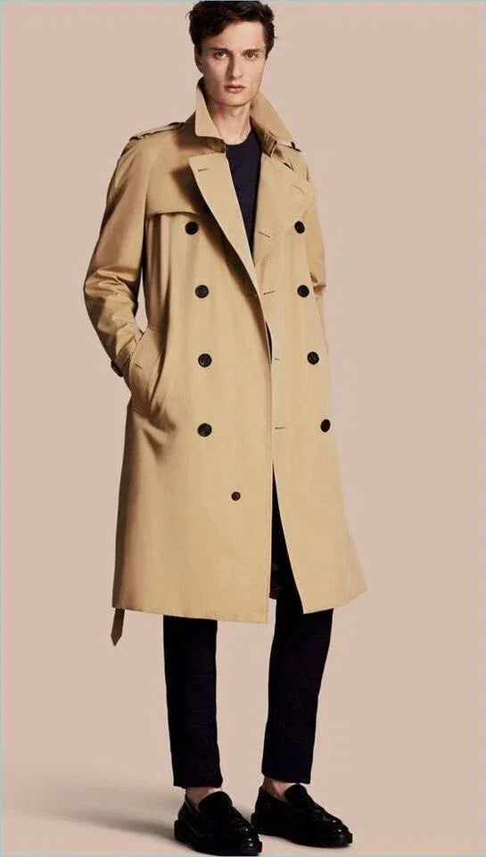 Men's Tan Beige Full-Grain Original Leather Trench Coat - Classic Double-Breasted Long Leather Coat