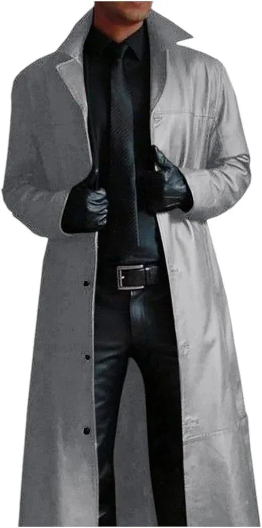 Men's Grey Full-Grain Original Leather Trench Coat - Premium Long Leather Coat with Button Closure
