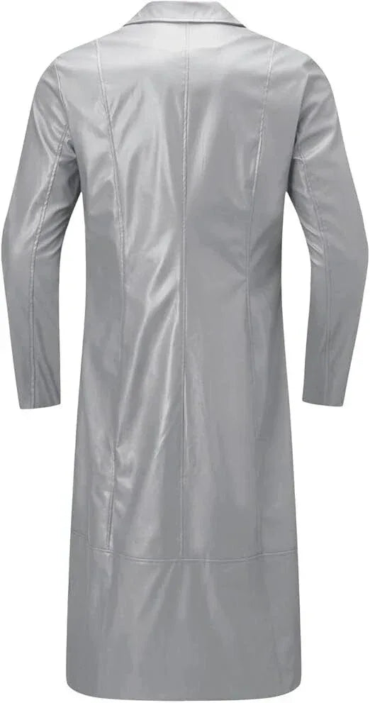 Men's Grey Full-Grain Original Leather Trench Coat - Premium Long Leather Coat with Button Closure