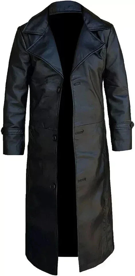 Men's Asymmetric Full-Grain Original Leather Trench Coat - Premium Black Long Coat with Wide Lapels