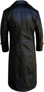 Men's Asymmetric Full-Grain Original Leather Trench Coat - Premium Black Long Coat with Wide Lapels