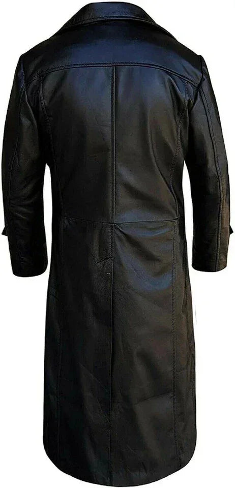 Men's Asymmetric Full-Grain Original Leather Trench Coat - Premium Black Long Coat with Wide Lapels