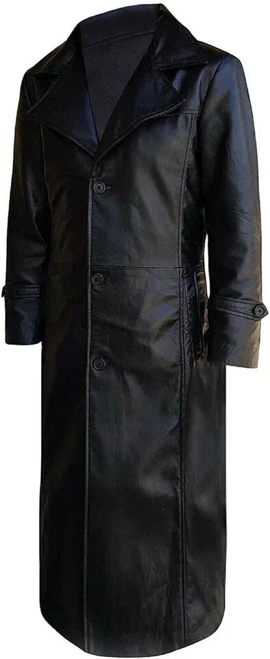 Men's Asymmetric Full-Grain Original Leather Trench Coat - Premium Black Long Coat with Wide Lapels
