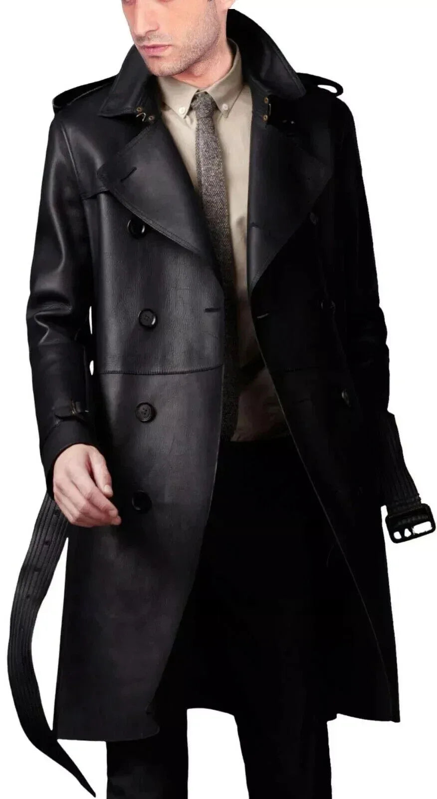 Men's Black Full-Grain Original Leather Trench Coat – Handcrafted Double-Breasted Overcoat