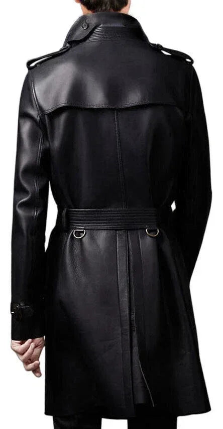 Men's Black Full-Grain Original Leather Trench Coat – Handcrafted Double-Breasted Overcoat