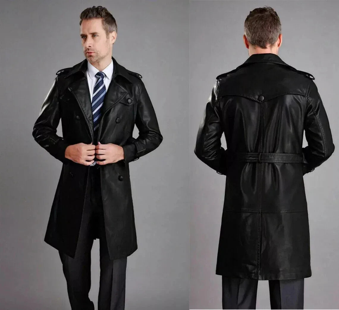 Men's Black Full-Grain Original Leather Trench Coat with Epaulettes – Handcrafted Double-Breasted Overcoat