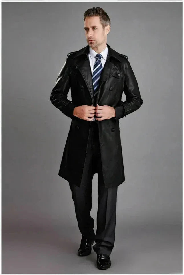 Men's Black Full-Grain Original Leather Trench Coat with Epaulettes – Handcrafted Double-Breasted Overcoat
