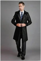Men's Black Full-Grain Original Leather Trench Coat with Epaulettes – Handcrafted Double-Breasted Overcoat