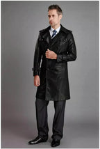 Men's Black Full-Grain Original Leather Trench Coat with Epaulettes – Handcrafted Double-Breasted Overcoat