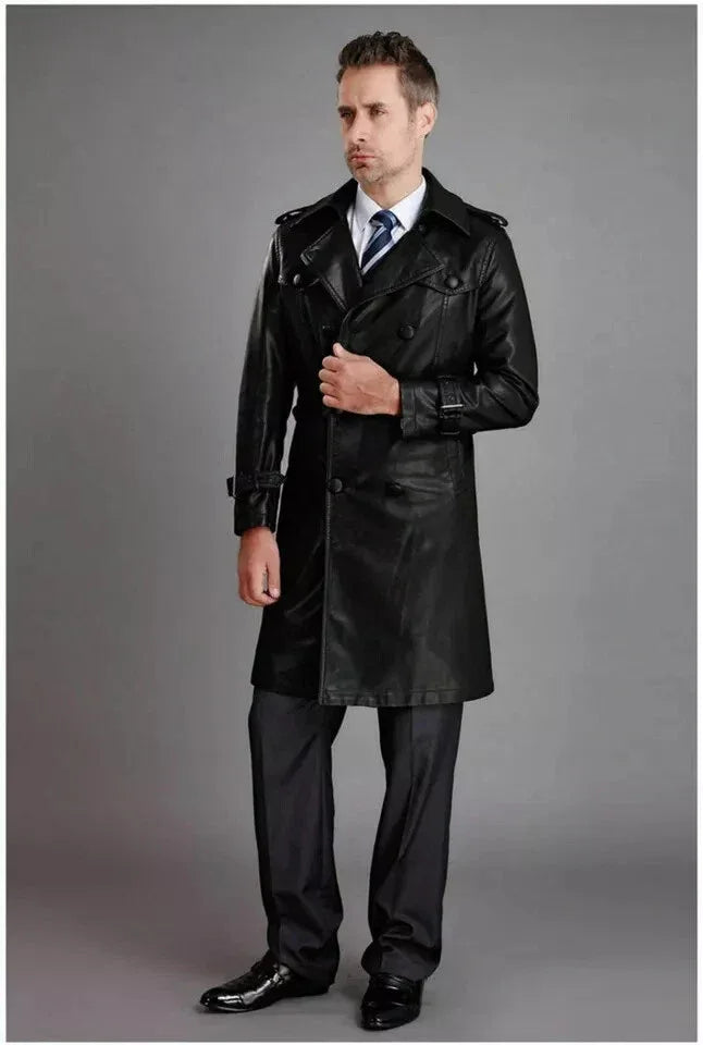 Men's Black Full-Grain Original Leather Trench Coat with Epaulettes – Handcrafted Double-Breasted Overcoat